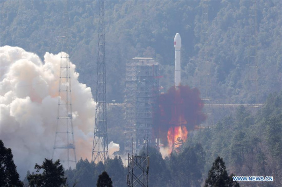 China sends two satellites into orbit on a single carrier rocket for its domestic BeiDou Navigation Satellite System (BDS) in Xichang, southwest China's Sichuan Province, Feb. 12, 2018. (Xinhua/Liang Keyan)