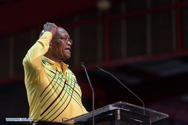 File photo taken on Dec. 16, 2017 shows that South African President Jacob Zuma addresses the conference in Johannesburg, South Africa. South African President Jacob Zuma declared his resignation when addressing the nation on Feb. 14, 2018. (Xinhua/David Naicker)