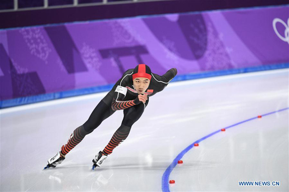 China's Gao Tingyu competes during men's 500m event of speed skating at 2018 PyeongChang Winter Olympic Games at Gangneung Oval, Gangneung, South Korea, Feb. 19, 2018. Gao Tingyu claimed third place in a time of 34.65 seconds. (Xinhua/Ju Huanzong)