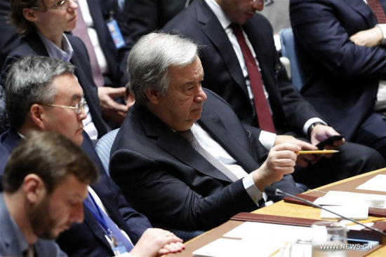 UN Secretary-General Antonio Guterres (R, Front) attends a Security Council meeting on the purposes and principles of the UN Charter in the maintenance of international peace and security at the UN headquarters in New York, on Feb. 21, 2018. (Xinhua/Li Muzi)