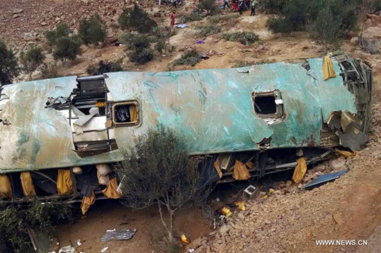 Photo taken on Feb. 21, 2018 shows the site of a bus accident off a highway in Camana, Arequipa, Peru. (Xinhua/ANDINA)