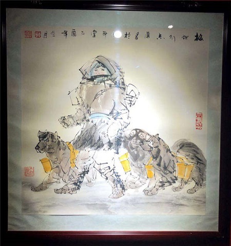 A dog-themed painting is on display at the Heilongjiang Provincial Museum in Harbin, Heilongjiang province. (Photo provided to chinadaily.com.cn)