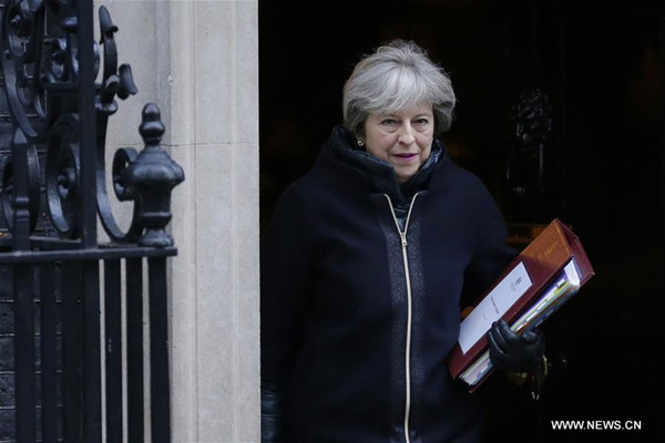 British Prime Minister Theresa May leaves 10 Downing Street for Prime Minster's Questions at the House of Commons, in London, Britain, on Jan. 17, 2018. (Xinhua/Tim Ireland)