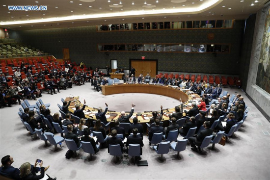 Photo taken on Feb. 24, 2018 shows the United Nations Security Council voting on a resolution demanding ceasefire in Syria at the UN headquarters in New York. The UN Security Council adopted a resolution demanding ceasefire in Syria on Saturday. (Xinhua/Li Muzi)