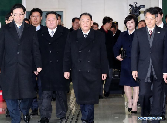 A high-ranking delegation led by Kim Yong Chol(C), vice chairman of the Central Committee of the ruling Workers' Party of Korea, arrives at the inter-Korean transit office in Paju, South Korea, on Feb. 25, 2018. (Xinhua/Newsis)