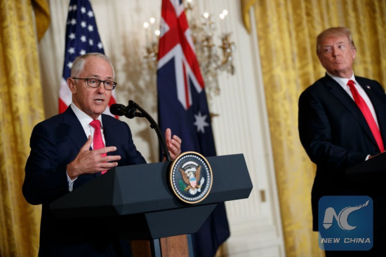 Australian PrimeMinister Malcolm Turnbull (L) speaks during a joint press conference with U.S. President Donald Trump at the White House in Washington D.C., the United States, Feb. 23, 2018. (Xinhua/Ting Shen)