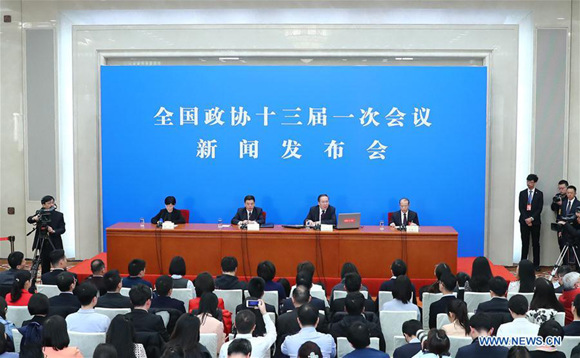 Wang Guoqing, spokesman of the first session of the 13th National Committee of the Chinese People's Political Consultative Conference (CPPCC), attends a press conference at the Great Hall of the People in Beijing, capital of China, March 2, 2018. The CPPCC National Committee held a press conference on Friday afternoon, one day ahead of its annual session.(Xinhua/Zhang Yuwei)
