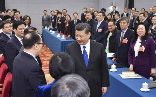General Secretary Xi Jinping meets with political advisers from the All-China Federation of Returned Overseas Chinese, China Zhi Gong Dang, China Democratic League and advisers with no party affiliation on Sunday. (Photo/Xinhua)