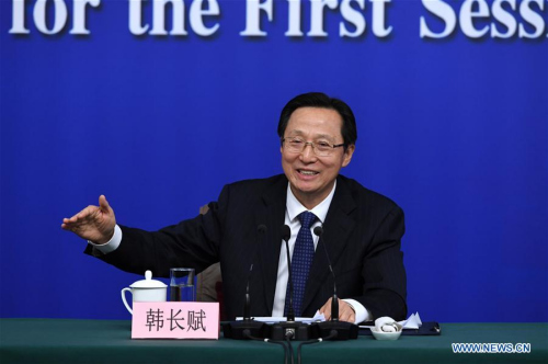 Han Changfu, minister of agriculture, at a news conference on March 7, 2018. (Photo/Xinhua)