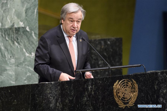 United Nations Secretary-General Antonio Guterres addresses an observance of International Women's Day under the theme 