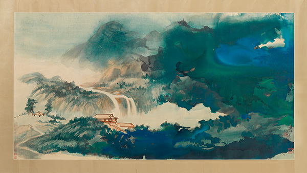 Water and Sky Gazing After Rain, a large-format splashed color painting by Zhang Daqian. The work, a typical one representing Zhang's style and his technique of splashing paint and ink, was acquired by the Chew couple immediately after Zhang completed it in 1968. (Photo provided to China Daily)
