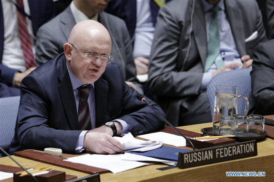 Russian Ambassador to the United Nations Vassily Nebenzia (Front) addresses a Security Council emergency meeting regarding accusations of the use of a nerve agent in the United Kingdom at the United Nations headquarters in New York, on March 14, 2018. (Xinhua/Li Muzi)