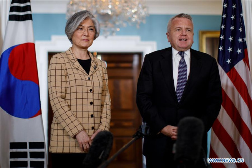 Deputy Secretary of State John Sullivan meets with Japanese Foreign Minister Taro Kono at the US Department of State in Washington D.C., United States on Mar 16, 2018. (Xinhua/Ting Shen)