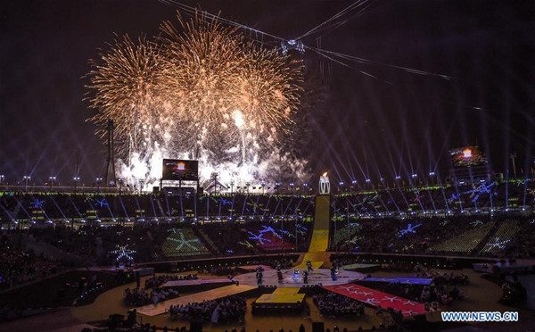 The closing ceremony of the 2018 PyeongChang Winter Paralympic Games is held at PyeongChang Olympic Stadium, PyeongChang, South Korea, March 18, 2018. (Xinhua/Xia Yifang)