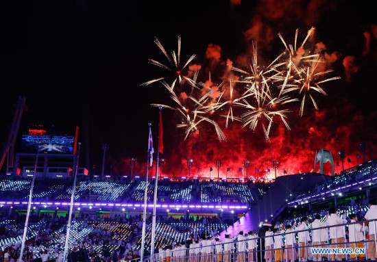 The fireworks are seen at the closing ceremony of the 2018 PyeongChang Winter Paralympic Games at PyeongChang Olympic Stadium, South Korea, March 18, 2018.(Xinhua/Wang Jingqiang)
