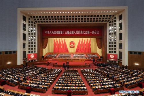 A ceremony of pledging allegiance to the Constitution is held after the sixth plenary meeting of the first session of the 13th National People's Congress (NPC) at the Great Hall of the People in Beijing, March 18, 2018. (Photo/Xinhua)