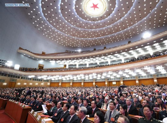 The first session of the 13th National People's Congress (NPC) holds its closing meeting at the Great Hall of the People in Beijing, capital of China, March 20, 2018. (Xinhua/Liu Weibing)