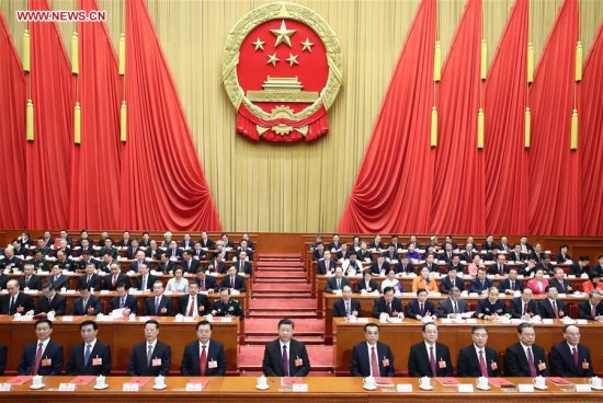 President Xi Jinping and other Chinese leaders attend the closing meeting of the first session of the 13th National People's Congress (NPC) at the Great Hall of the People in Beijing, capital of China, March 20, 2018. (Xinhua/Ju Peng)