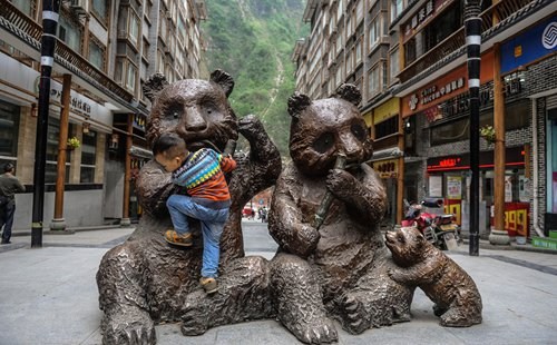 A boy plays in a street in Baoxing county, Sichuan Province, where the first panda was discovered. (Photo: Li Hao/GT)