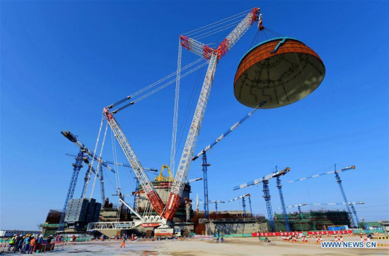 Photo taken on March 21, 2018 shows the installation site of a hemispherical dome at the No. 6 unit of China National Nuclear Corporation's Fuqing nuclear power plant in southeast China's Fujian Province. In May of 2017, a containment dome was installed on the No. 5 unit of the nuclear power plant, the first reactor featuring the Hualong One design. (Xinhua/Wei Peiquan)