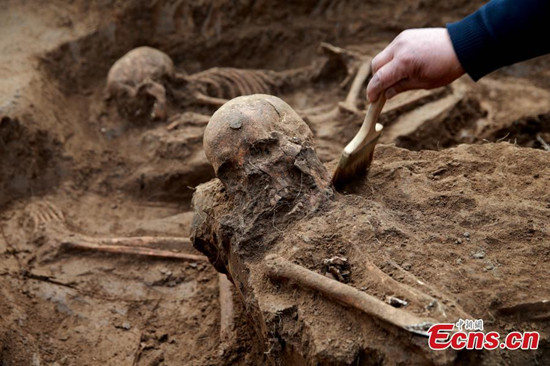 Photo taken on March 21, 2018 shows excavation at a ruin from the Eastern Zhou Dynasty (770-256 B.C.) in Zhangqiu District, Jinan City, East China's Shandong Province. The discovery of human remains in the ruin shows people were still used as burial sacrifices in the Qi State of the Eastern Zhou Dynasty, according to Jinan's Institute of Archeology. (Photo: China News Service/Liang ben)