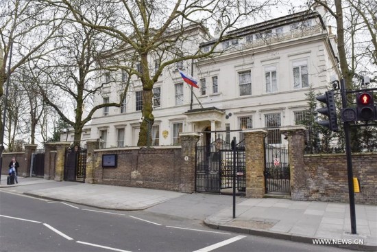 Photo taken on March 14, 2018 shows a general view of the exterior of the Russian Embassy in London, Britain. (Xinhua/Stephen Chung)