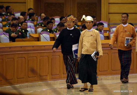 U Win Myint (R F), former speaker of the House of Representatives (Lower House), attends a session of Myanmar Union Parliament in Nay Pyi Taw, Myanmar, March 28, 2018. U Win Myint has been elected as Myanmar's new president, according to a parliament announcement. (Xinhua/U Aung)