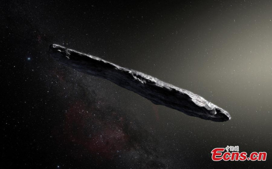 Artist's concept of interstellar asteroid 1I/2017 U1 (‘Oumuamua) as it passed through the solar system after its discovery in October 2017. The asteroid, named ‘Oumuamua by its discoverers, is up to one-quarter mile (400 meters) long and highly-elongated-perhaps 10 times as long as it is wide. That aspect ratio is greater than that of any asteroid or comet observed in our solar system to date. (Photo/Agencies)
