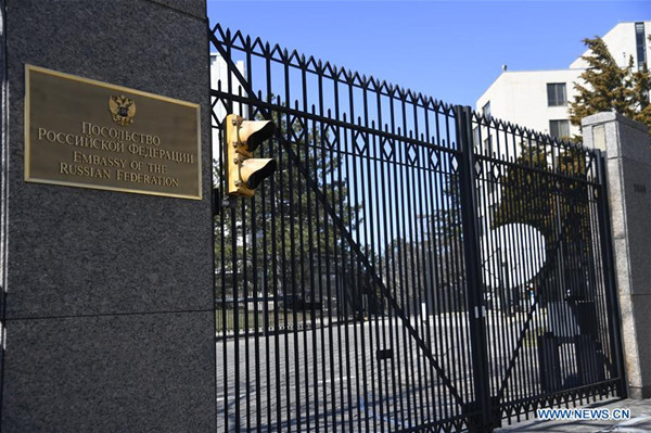 Photo taken on March 26, 2018 shows the gate of Embassy of Russia in Washington D.C., the United States. U.S. President Donald Trump has ordered the expulsion of 60 Russian diplomats and intelligence officials, and the closure of the Russian Consulate in Seattle in response to the poisoning of a Russian ex-spy in Britain earlier this month. (Xinhua/Yang Chenglin)