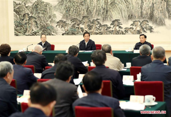 Li Zhanshu, chairman of the National People's Congress (NPC) Standing Committee, addresses a meeting attended by heads of the special committees of the 13th NPC in Beijing, capital of China, March 29, 2018. (Xinhua/Liu Weibing)