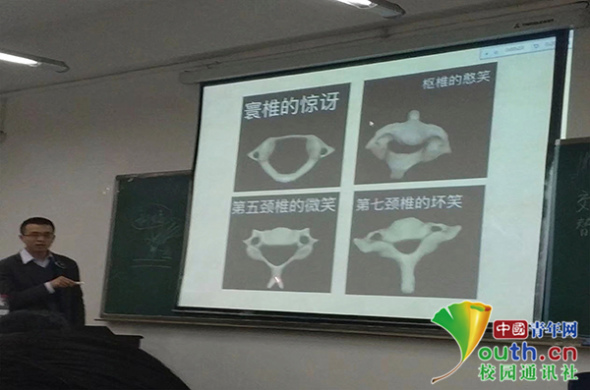 Teacher Huang Chao shows four pictures that show the neck bone's structure through emojis. Clockwise from top left, they are: the surprise of atlas, the simper of axis, the smile of the fifth cervical vertebra and the smirk of the seventh cervical vertebra. (Photo by He Wentao / Provided to youth.cn)