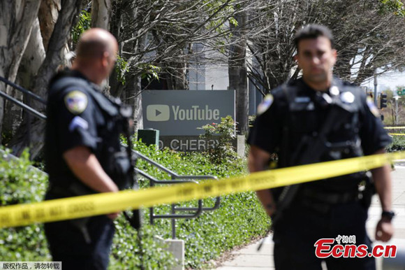 Police officers and crime scene tape are seen at Youtube headquarters following an active shooter situation in San Bruno, California, U.S., April 3, 2018. (Photo/Agencies)