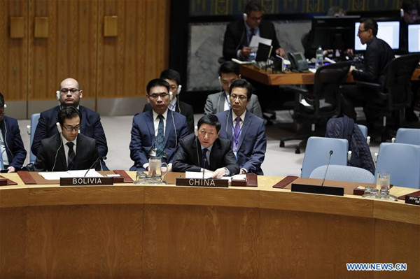 China's Deputy Permanent Representative to the United Nations Wu Haitao (R, Front) addresses a UN Security Council meeting on the situation in Syria at the UN headquarters in New York, on April 4, 2018. Wu Haitao said here Wednesday that China firmly opposes the use of chemical weapons under any circumstances. (Xinhua/Li Muzi)