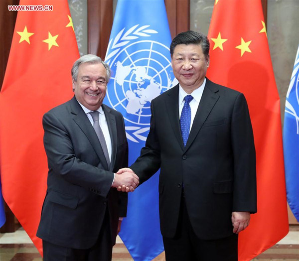 Chinese President Xi Jinping meets with UN Secretary-General Antonio Guterres in Beijing, capital of China, April 8, 2018. (Xinhua/Liu Weibing)
