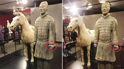 The thumb of a 2,000-year-old terracotta warrior was stolen while on display at the Franklin Institute. (Photo provided to China Daily)