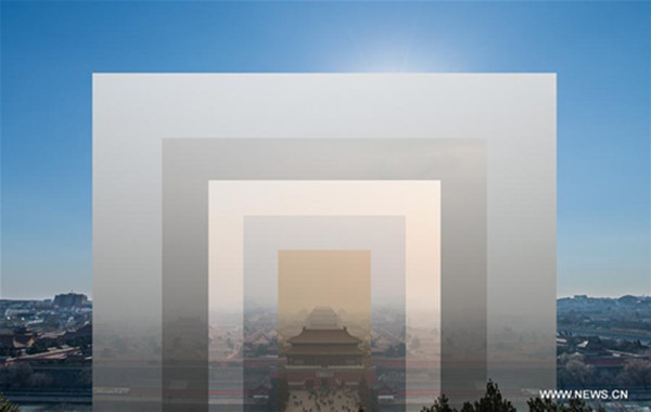 The combo photo shows the Palace Museum, also known as the Forbidden City, in Beijing, on Dec. 17 to Dec. 22, 2016 (inside out). Beijing lifted a red alert for air pollution from Dec. 16 to Dec. 21. (Photo/Xinhua)
