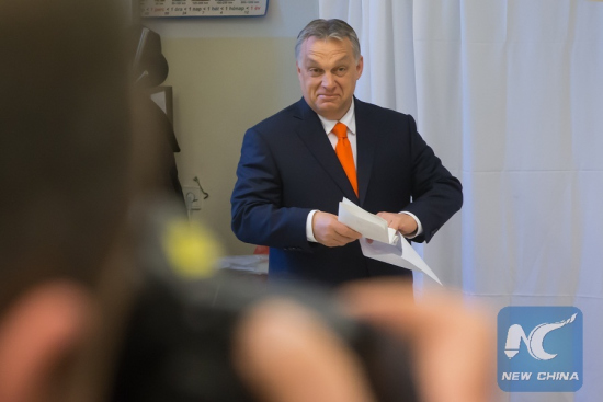 Hungary's Prime Minister Viktor Orban casts his ballot at a polling station in Budapest, Hungary on April 8, 2018. (Xinhua/Attila Volgyi)
