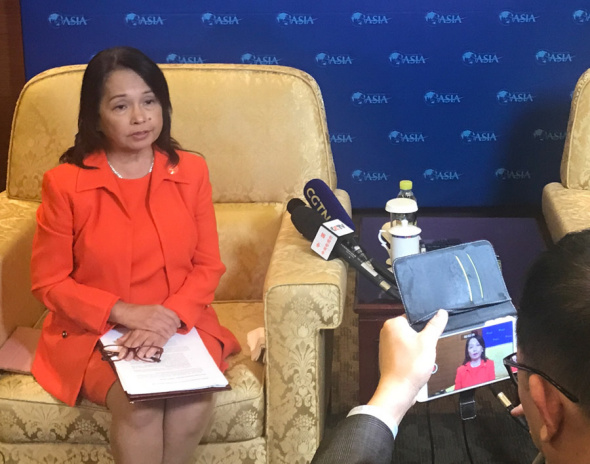 During a Monday interview, former Philippine president Gloria Arroyo said she was eager to hear every word in President Xi Jinping's keynote speech to be delivered Tuesday at the opening of the of Boao Forum for Asia Annual Conference. (Photo by Xu Jingxing/chinadaily.com.cn)