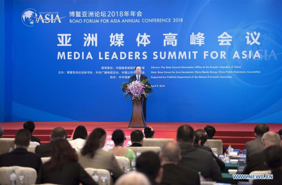 Huang Kunming, a member of the Political Bureau of the Communist Party of China (CPC) Central Committee and the head of the Publicity Department of the CPC Central Committee, delivers a keynote speech during the opening ceremony of the Media Leaders Summit for Asia in Sanya, south China's Hainan Province, April 9, 2018. (Xinhua/Li Tao)