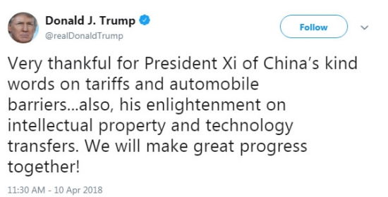 Screenshot of U.S. President Donald Trump's tweet.