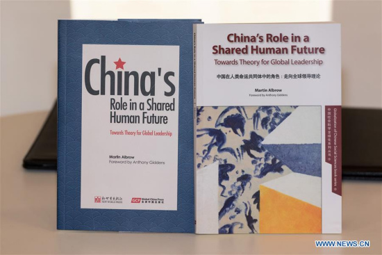 Photo taken on April 10, 2018 shows Professor Martin Albrow's books, China's Role in a Shared Human Future, at the 2018 London Book Fair in London, Britain. The English edition of Prof. Martin Albrow's book, China's Role in a Shared Human Future, was launched Tuesday at the 2018 London Book Fair. (Xinhua/Ray Tang)