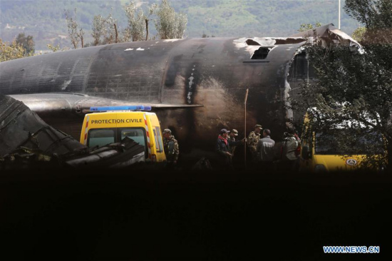 Algerian soldiers clean the site of the accident in Blida province, 30 km southwest of Algiers, Algeria, April 11, 2018. The death toll of an Algerian military plane that crashed early on Wednesday in the military airport of Boufarik, 30 km south of Algiers, has risen to 257, local media reported. (Xinhua)