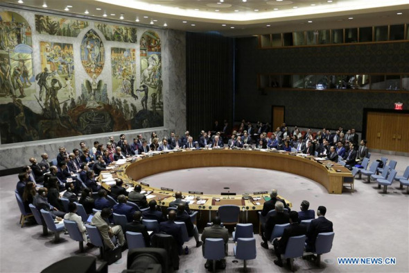 Photo taken on April 14, 2018 shows the United Nations Security Council voting on a draft resolution on Syria at the UN headquarters in New York, April 14, 2018. UN Security Council fails to adopt resolution that would have condemned military action on Syria. (Xinhua/Li Muzi)