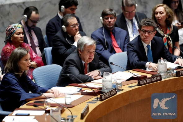United Nations Secretary-General Antonio Guterres (C, front) addresses a Security Council emergency meeting on Syria at the UN headquarters in New York, April 14, 2018. Russia has requested an emergency meeting of the Security Council for Saturday to discuss the situation after airstrikes in Syria by the United States, France and Britain. (Xinhua/Li Muzi)
