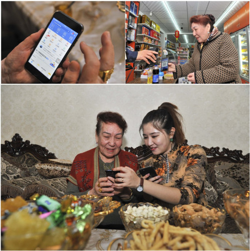 A woman teaches her 75-year-old grandmother how to use Alipay to buy drinks in Urumqi, Xinjiang Uygur autonomous region, in October. (Photo/Xinhua)