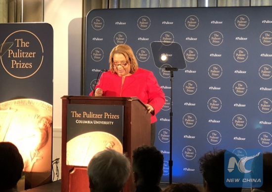 Pulitzer Prize Administrator Dana Canedy announced winners of the 2018 Pulitzer Prize at the Columbia University Monday in New York City, the United States, on April 16, 2018. (Xinhua/Zhou Saang)