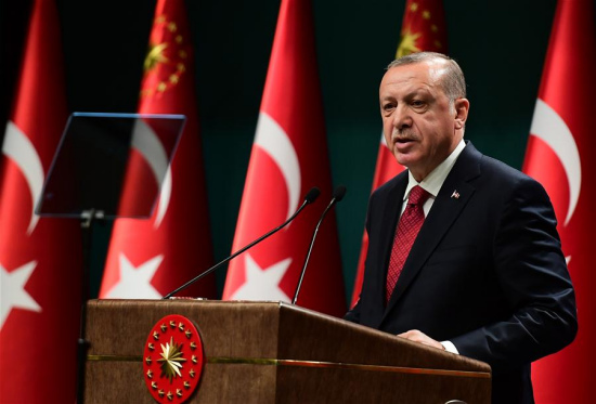 Turkish President Recep Tayyip Erdogan speaks during a press conference at Presidential Palace in Ankara, Turkey, on April 18, 2018. (Xinhua/Mustafa Kaya)