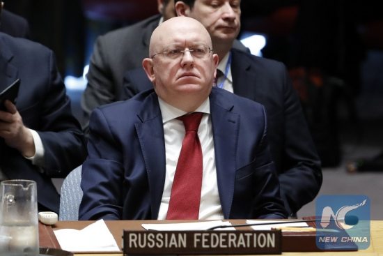 Russian Ambassador to the United Nations Vassily Nebenzia attends a Security Council emergency meeting on Syria at the UN headquarters in New York, April 14, 2018. (Xinhua/Li Muzi)