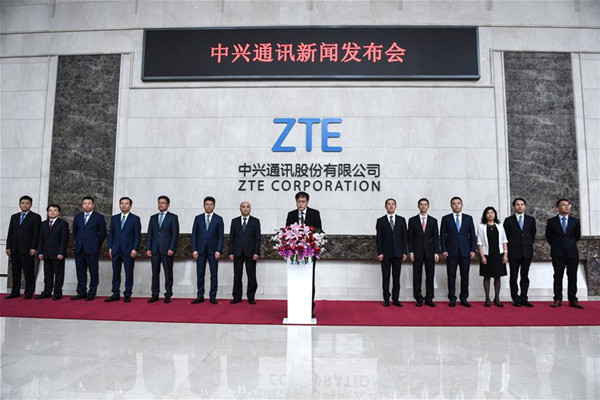 Chinese telecom equipment maker ZTE Corp. holds a press conference at its headquarters in Shenzhen, south China's Guangdong Province, April 20, 2018. (Xinhua/Mao Siqian)