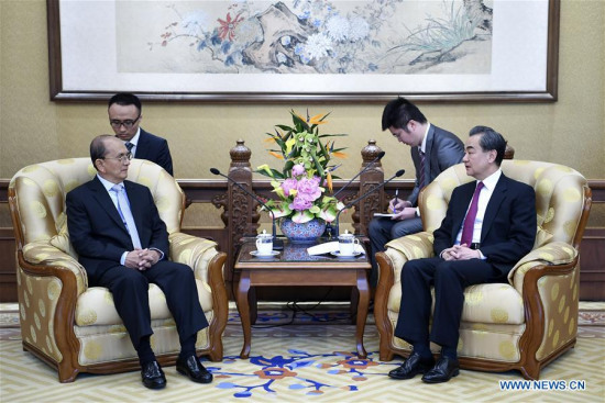 Chinese State Councilor and Foreign Minister Wang Yi (1st R) meets with former Myanmar President U Thein Sein in Beijing, capital of China, April 22, 2018. (Xinhua/Zhang Ling)
